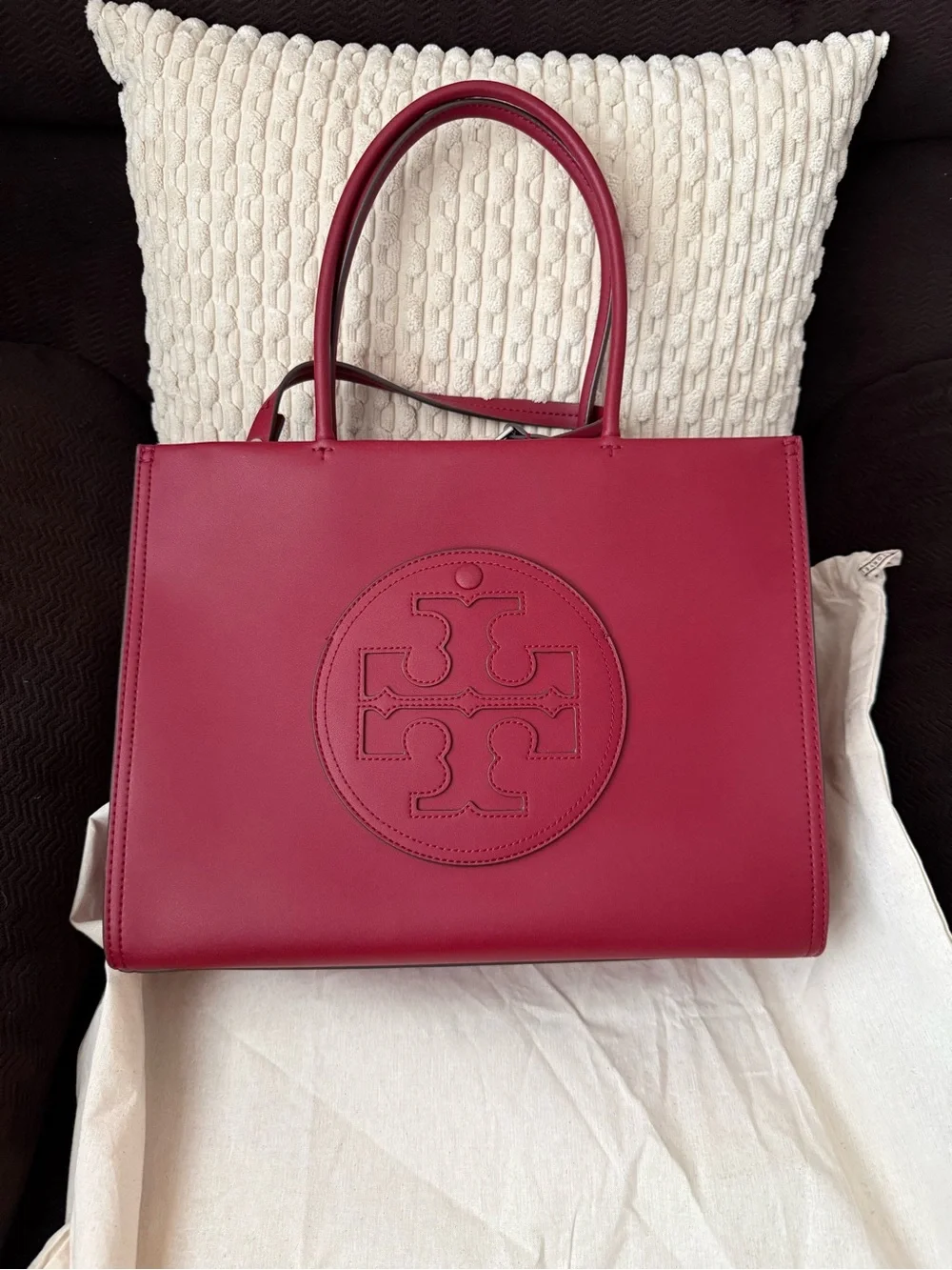 Tory Burch Deep Berry Leather Tote with Logo Medallion